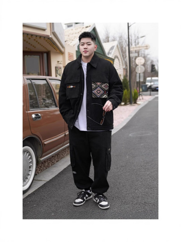 Férfi denim dzseki etnikus stílussal, bő szabású, plusz méret, oversize, mosott hatás