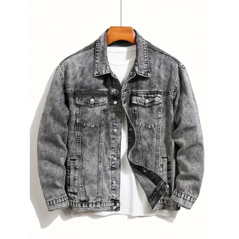 Patchwork részletekkel készült mosott denim dzseki férfiaknak, tavasz–ősz