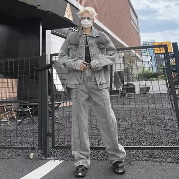 Patchwork részletekkel készült mosott denim dzseki férfiaknak, tavasz–ősz