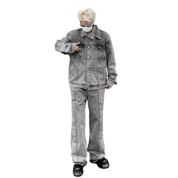Patchwork részletekkel készült mosott denim dzseki férfiaknak, tavasz–ősz