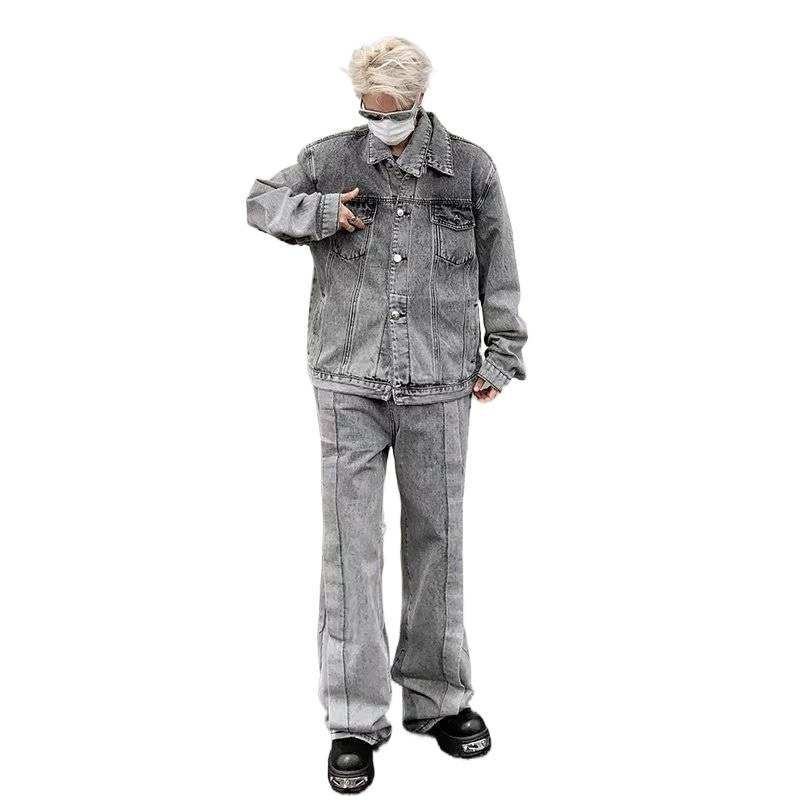 Patchwork részletekkel készült mosott denim dzseki férfiaknak, tavasz–ősz