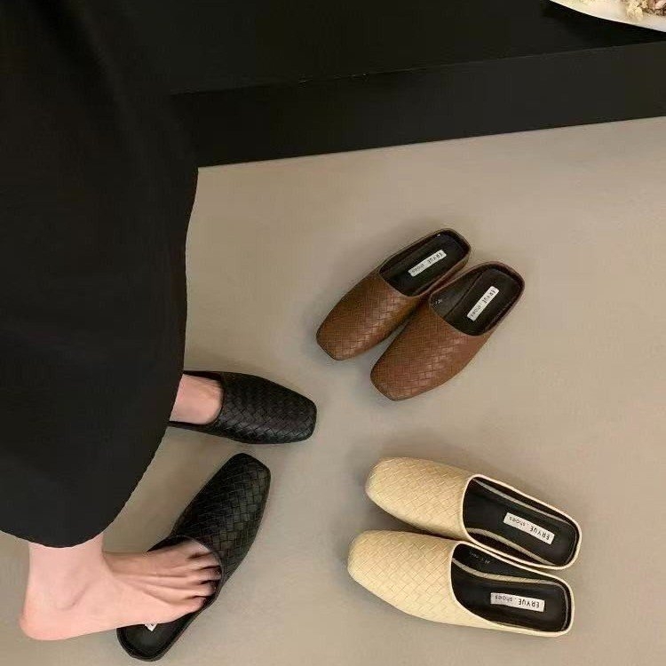 Ženske casual pletene slip-on sandale za žene, kvadratnim nosom i zatvorenim prstom, ravna potplata
