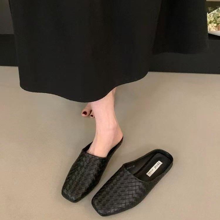 Ženske casual pletene slip-on sandale za žene, kvadratnim nosom i zatvorenim prstom, ravna potplata