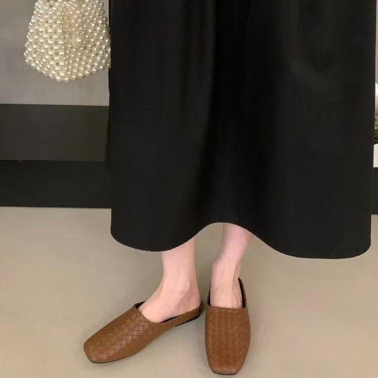Ženske casual pletene slip-on sandale za žene, kvadratnim nosom i zatvorenim prstom, ravna potplata