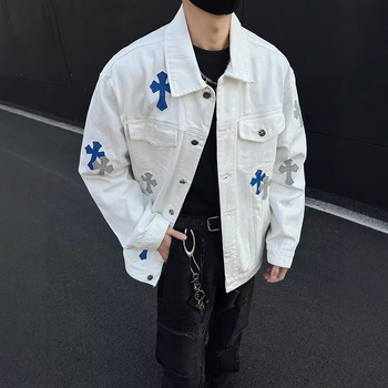 Férfi denim kabát patchwork mintával, amerikai retro stílus, szabad szabás, mosott felület, tavasz–ősz