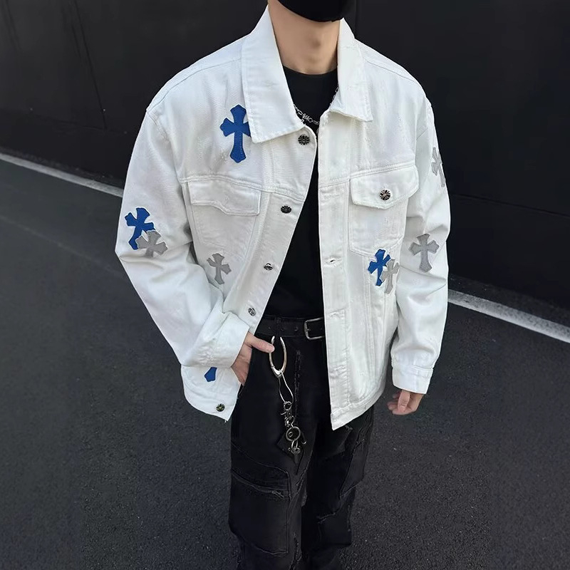 Férfi denim kabát patchwork mintával, amerikai retro stílus, szabad szabás, mosott felület, tavasz–ősz
