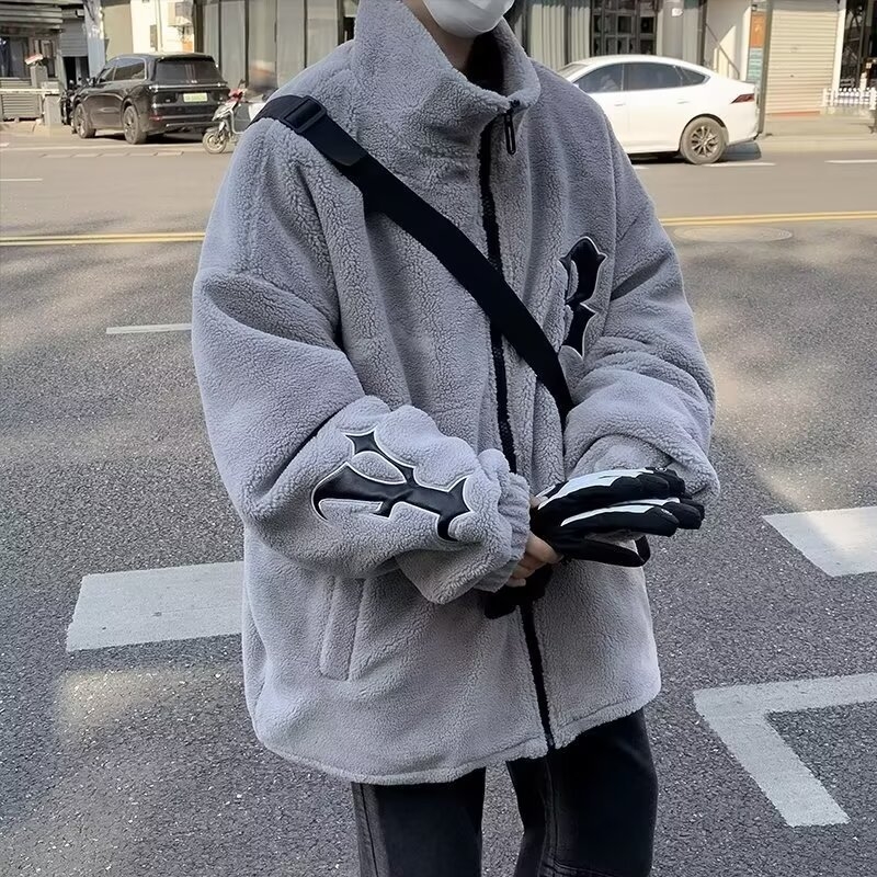 Ανδρικό σακάκι Sherpa fleece, αμερικανικού στυλ, με ψηλό γιακά, άνετος στη γραμμή, ζεστό για τον χειμώνα