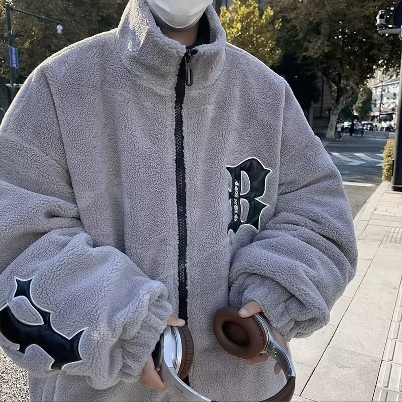 Ανδρικό σακάκι Sherpa fleece, αμερικανικού στυλ, με ψηλό γιακά, άνετος στη γραμμή, ζεστό για τον χειμώνα