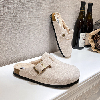 Ženske Birkenstock-stil slip-on obuća s ovčjom vunom u unutrašnjosti, fleec navlaka, okrugli vrh, debela potplat