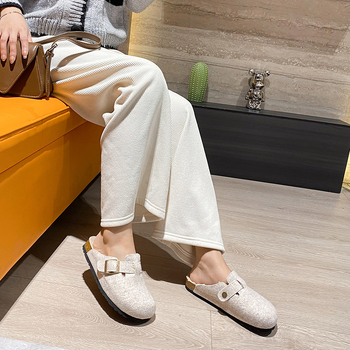Ženske Birkenstock-stil slip-on obuća s ovčjom vunom u unutrašnjosti, fleec navlaka, okrugli vrh, debela potplat