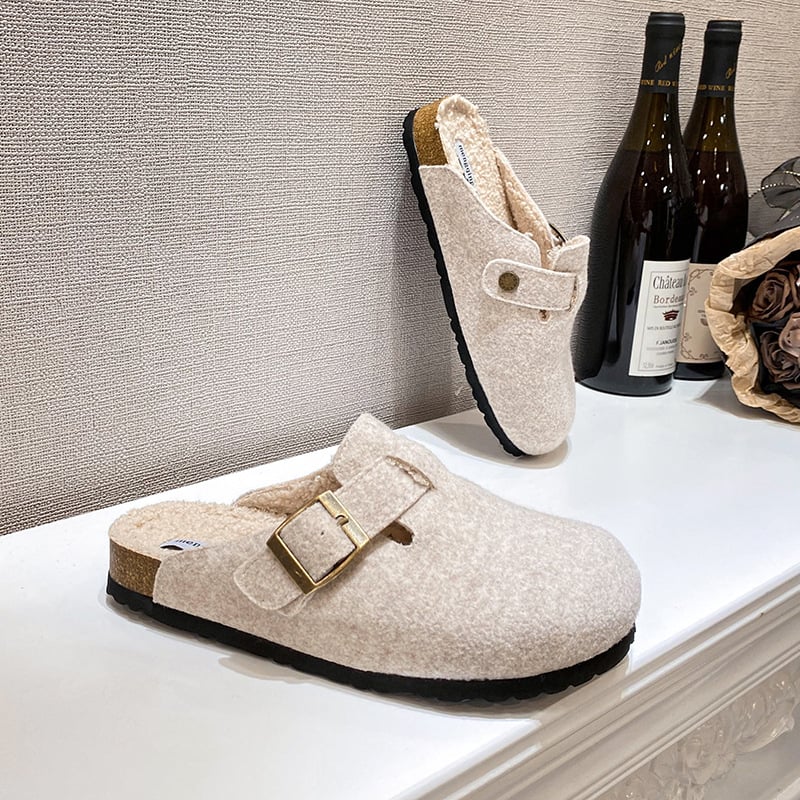 Ženske Birkenstock-stil slip-on obuća s ovčjom vunom u unutrašnjosti, fleec navlaka, okrugli vrh, debela potplat