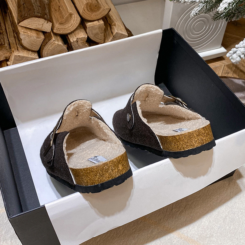 Ženske Birkenstock-stil slip-on obuća s ovčjom vunom u unutrašnjosti, fleec navlaka, okrugli vrh, debela potplat