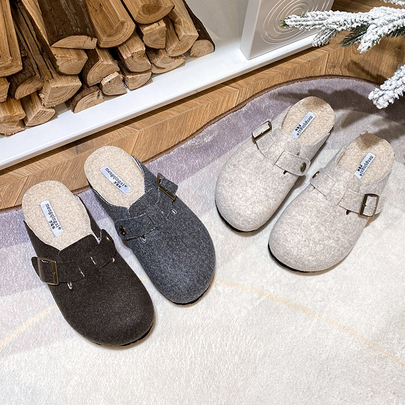 Ženske Birkenstock-stil slip-on obuća s ovčjom vunom u unutrašnjosti, fleec navlaka, okrugli vrh, debela potplat