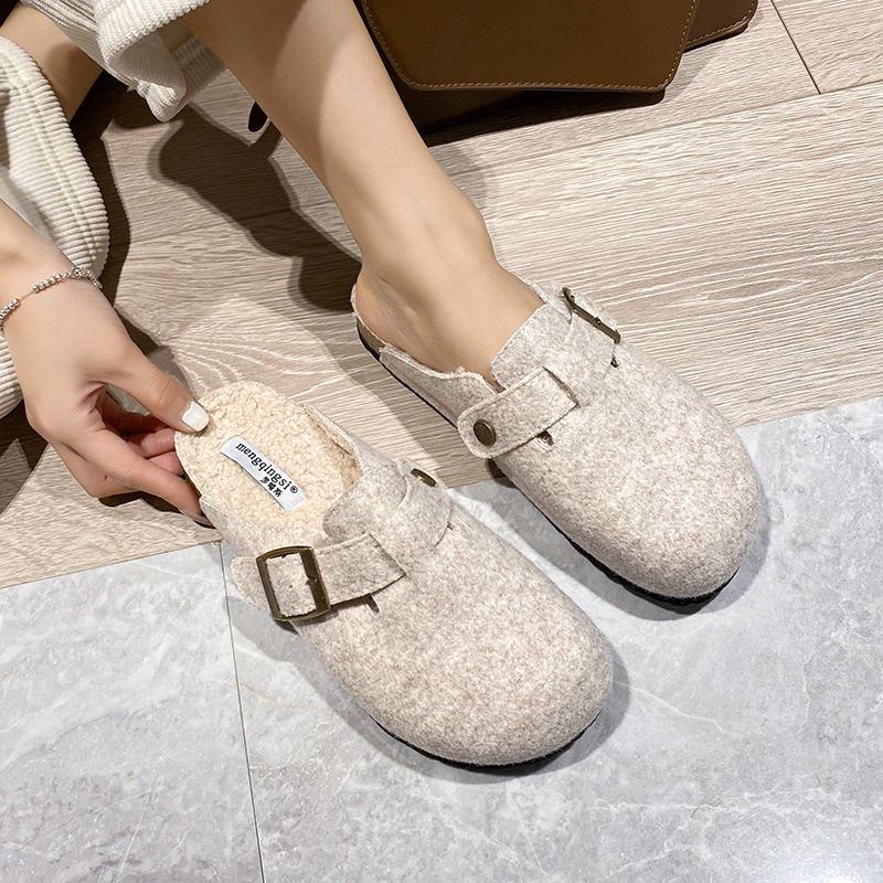 Ženske Birkenstock-stil slip-on obuća s ovčjom vunom u unutrašnjosti, fleec navlaka, okrugli vrh, debela potplat