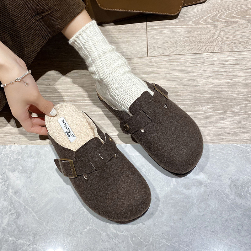 Ženske Birkenstock-stil slip-on obuća s ovčjom vunom u unutrašnjosti, fleec navlaka, okrugli vrh, debela potplat