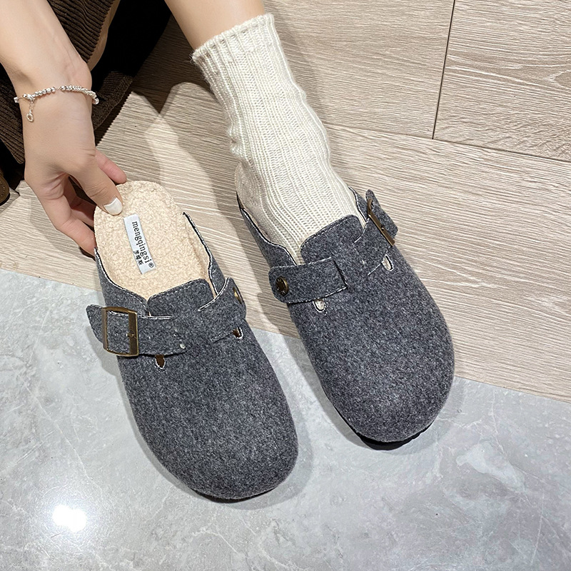 Ženske Birkenstock-stil slip-on obuća s ovčjom vunom u unutrašnjosti, fleec navlaka, okrugli vrh, debela potplat