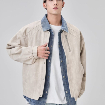Férfi denim patchwork dzseki galléros dizájnnal, dekonstrukciós dizájn, trendi márka, lazább casual dzseki