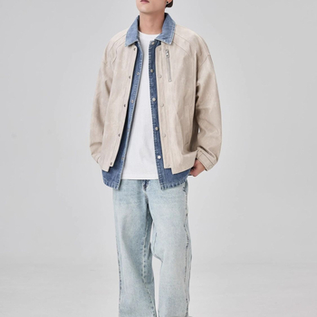 Férfi denim patchwork dzseki galléros dizájnnal, dekonstrukciós dizájn, trendi márka, lazább casual dzseki