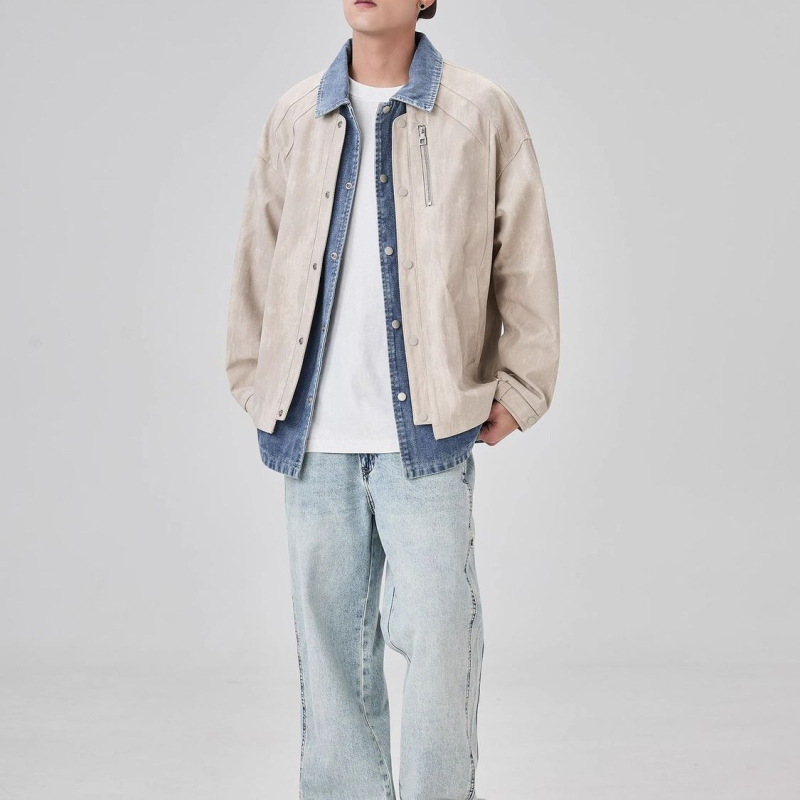 Férfi denim patchwork dzseki galléros dizájnnal, dekonstrukciós dizájn, trendi márka, lazább casual dzseki