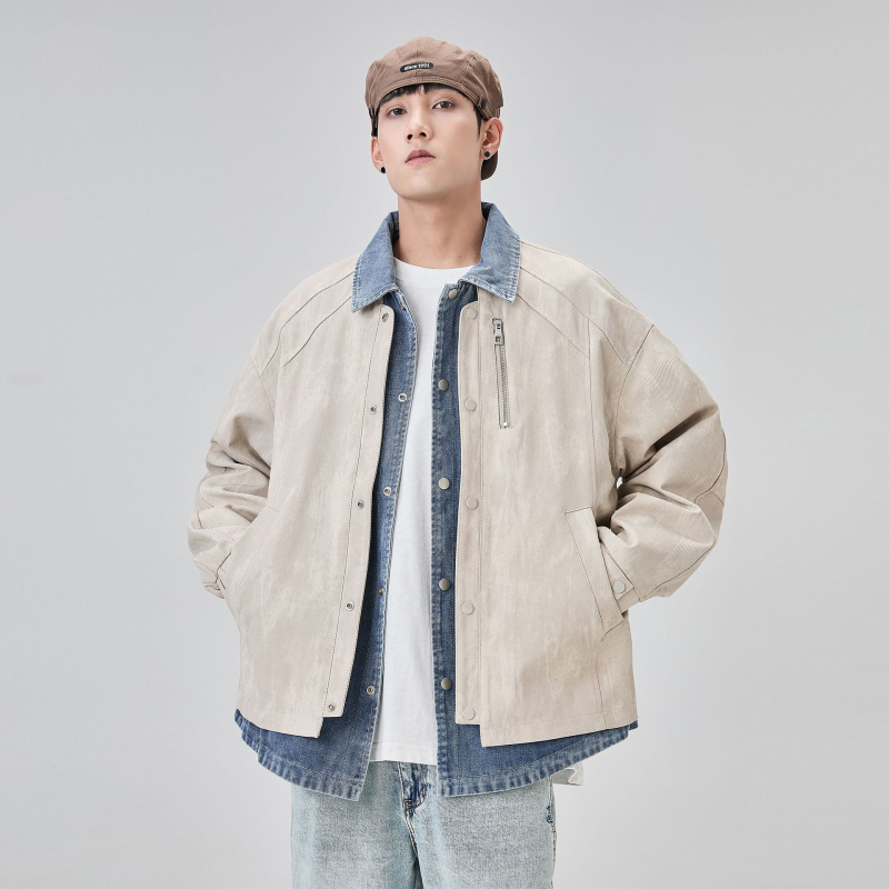 Férfi denim patchwork dzseki galléros dizájnnal, dekonstrukciós dizájn, trendi márka, lazább casual dzseki