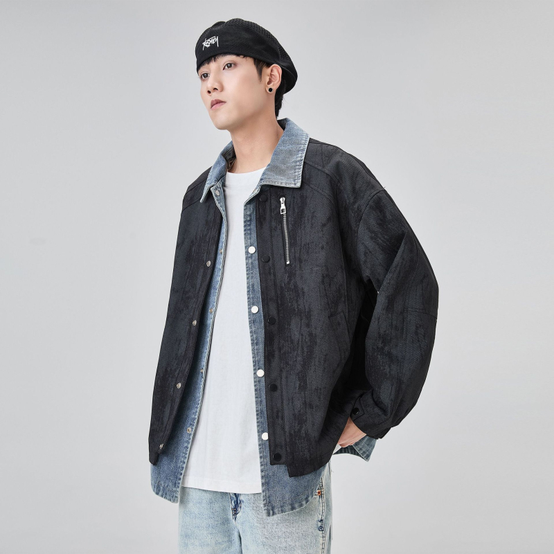 Férfi denim patchwork dzseki galléros dizájnnal, dekonstrukciós dizájn, trendi márka, lazább casual dzseki