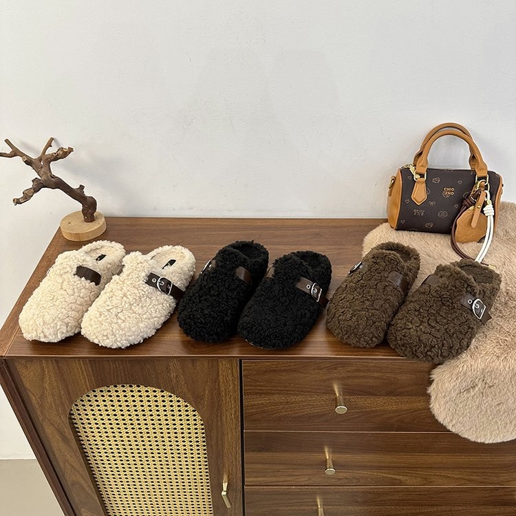 Ženske papuče s debelim potplatom, zatvorenim prstima, slip-on, s plišanim unutarnjim slojem