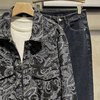 Αντρικό Paisley denim μπουφάν, άνοιξη-φθινόπωρο, ρετρό χαλαρή γραμμή, streetwear στυλ