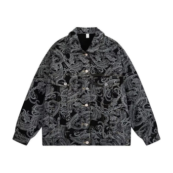 Αντρικό Paisley denim μπουφάν, άνοιξη-φθινόπωρο, ρετρό χαλαρή γραμμή, streetwear στυλ
