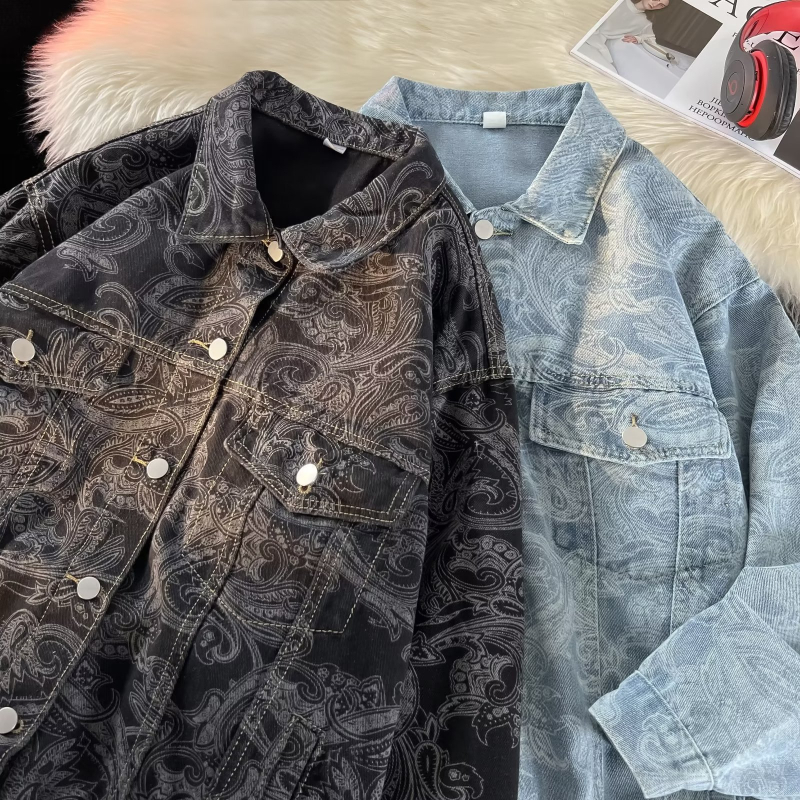 Αντρικό Paisley denim μπουφάν, άνοιξη-φθινόπωρο, ρετρό χαλαρή γραμμή, streetwear στυλ