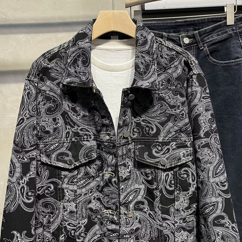 Αντρικό Paisley denim μπουφάν, άνοιξη-φθινόπωρο, ρετρό χαλαρή γραμμή, streetwear στυλ