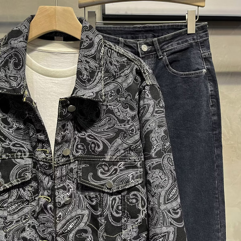 Αντρικό Paisley denim μπουφάν, άνοιξη-φθινόπωρο, ρετρό χαλαρή γραμμή, streetwear στυλ