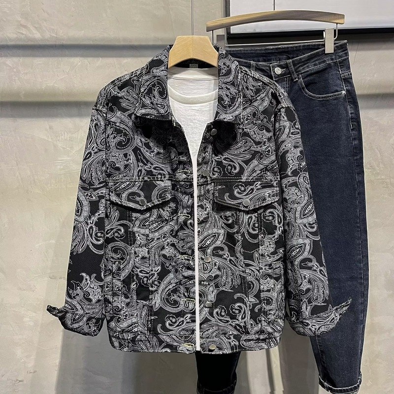 Αντρικό Paisley denim μπουφάν, άνοιξη-φθινόπωρο, ρετρό χαλαρή γραμμή, streetwear στυλ