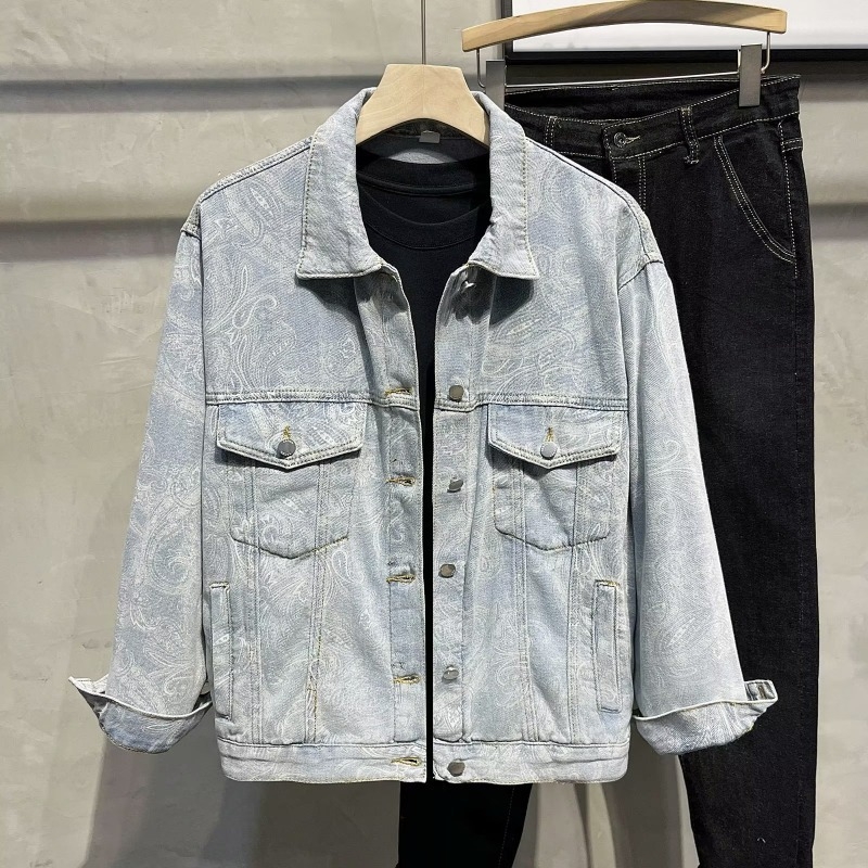 Αντρικό Paisley denim μπουφάν, άνοιξη-φθινόπωρο, ρετρό χαλαρή γραμμή, streetwear στυλ