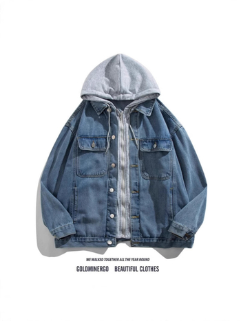 Denimdzseki hamis két részes patchwork mintával, kapucnival, férfiaknak, laza szabás, hétköznapi viselet, mosott felület