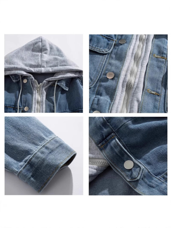 Denimdzseki hamis két részes patchwork mintával, kapucnival, férfiaknak, laza szabás, hétköznapi viselet, mosott felület