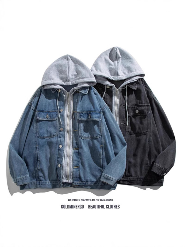 Denimdzseki hamis két részes patchwork mintával, kapucnival, férfiaknak, laza szabás, hétköznapi viselet, mosott felület