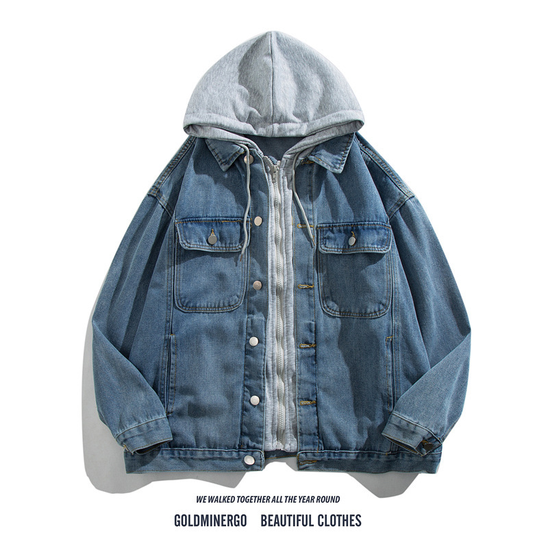 Denimdzseki hamis két részes patchwork mintával, kapucnival, férfiaknak, laza szabás, hétköznapi viselet, mosott felület