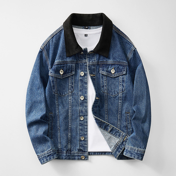 Amerikai retro kopott denim dzseki színblokkokkal és patchworkkal, gallérral, férfiaknak