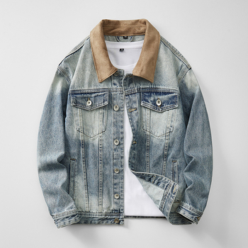Amerikai retro kopott denim dzseki színblokkokkal és patchworkkal, gallérral, férfiaknak