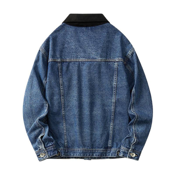 Amerikai retro kopott denim dzseki színblokkokkal és patchworkkal, gallérral, férfiaknak