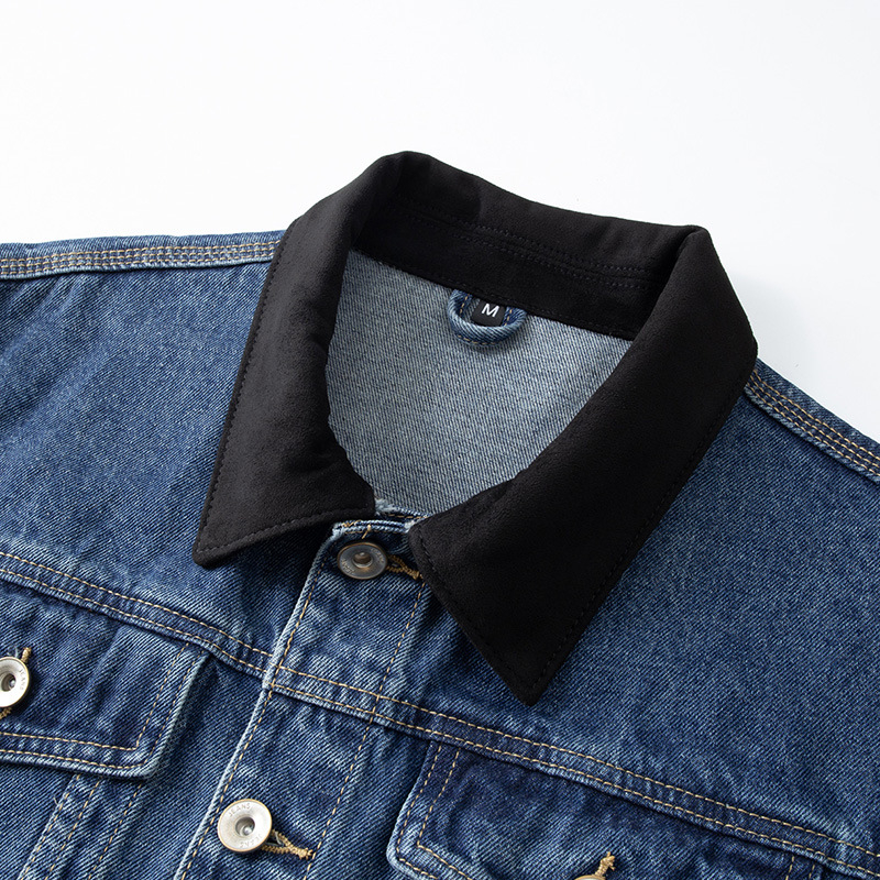 Amerikai retro kopott denim dzseki színblokkokkal és patchworkkal, gallérral, férfiaknak