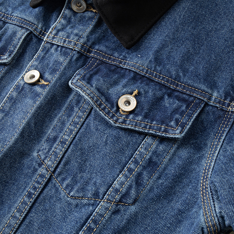 Amerikai retro kopott denim dzseki színblokkokkal és patchworkkal, gallérral, férfiaknak