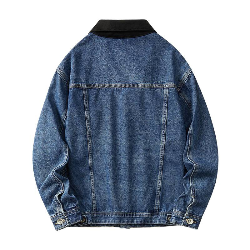 Amerikai retro kopott denim dzseki színblokkokkal és patchworkkal, gallérral, férfiaknak
