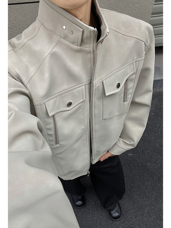 Američka retro radnička kožna jakna za muškarce, proljetna jakna s čistim krojem, bomber stil s uspravnim ovratnikom, modni brend