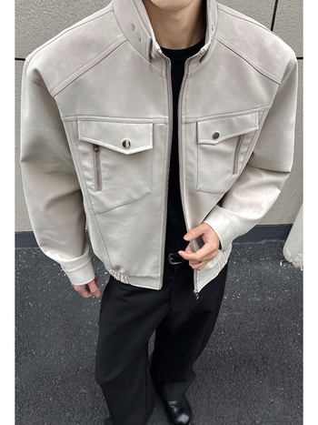 Američka retro radnička kožna jakna za muškarce, proljetna jakna s čistim krojem, bomber stil s uspravnim ovratnikom, modni brend