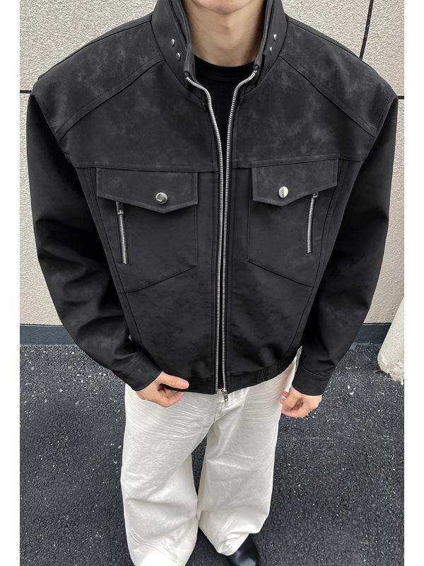 Američka retro radnička kožna jakna za muškarce, proljetna jakna s čistim krojem, bomber stil s uspravnim ovratnikom, modni brend