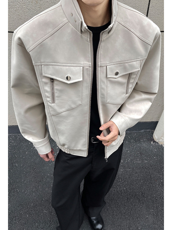 Američka retro radnička kožna jakna za muškarce, proljetna jakna s čistim krojem, bomber stil s uspravnim ovratnikom, modni brend