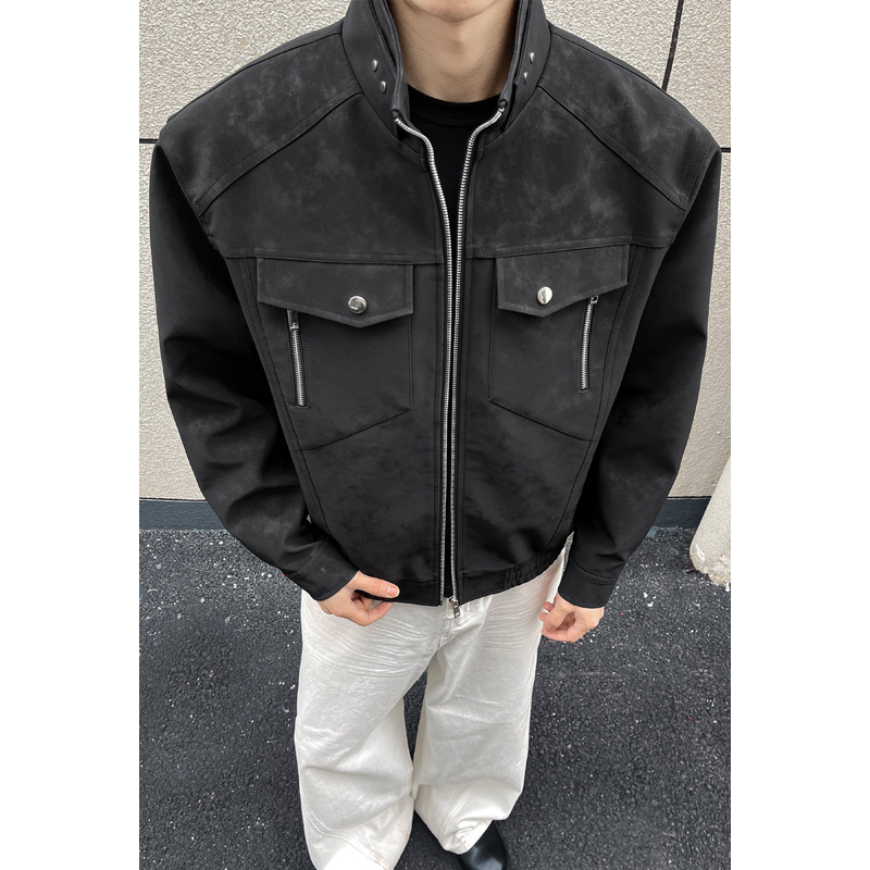 Američka retro radnička kožna jakna za muškarce, proljetna jakna s čistim krojem, bomber stil s uspravnim ovratnikom, modni brend