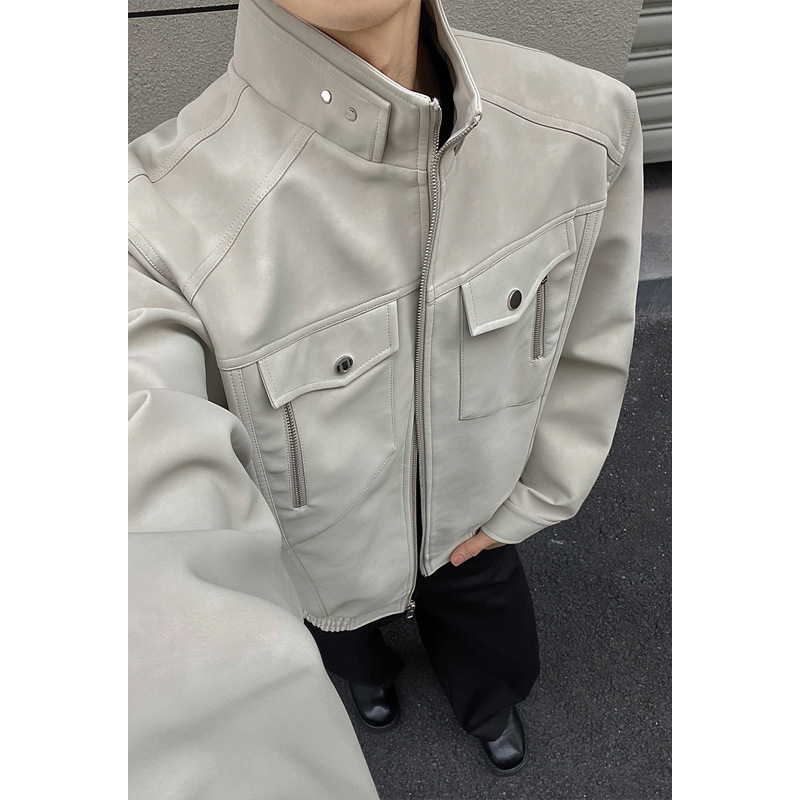 Američka retro radnička kožna jakna za muškarce, proljetna jakna s čistim krojem, bomber stil s uspravnim ovratnikom, modni brend