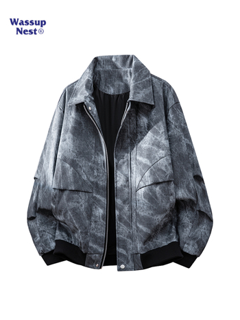 WASSUPNEST Τζάκετ PU δέρμα με tie-dye και worn look, φαρδιά γραμμή, casual εξωτερικό ένδυμα για νέους άνδρες, άνοιξη-φθινόπωρο